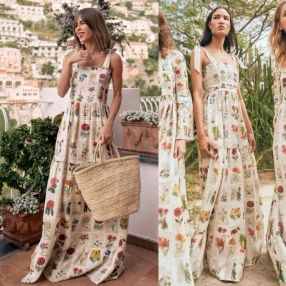 Agua by Agua Benita Herbarium Printed Linen Maxi Dress NEW with tags